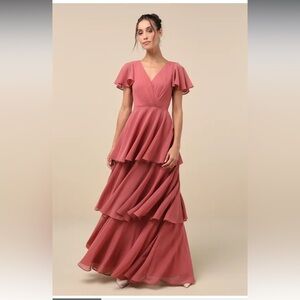 Lulus Sincerely Exquisite Rusty Rose Short Sleeve Tiered Maxi Dress M Wedding